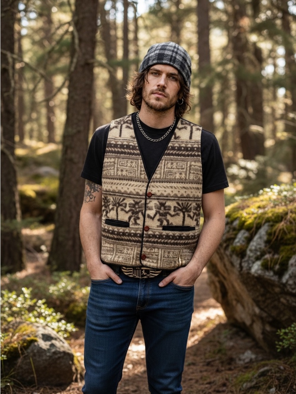 Mens vest 100% virgin wool Aztec southwestern size Large X-Large neutral tones